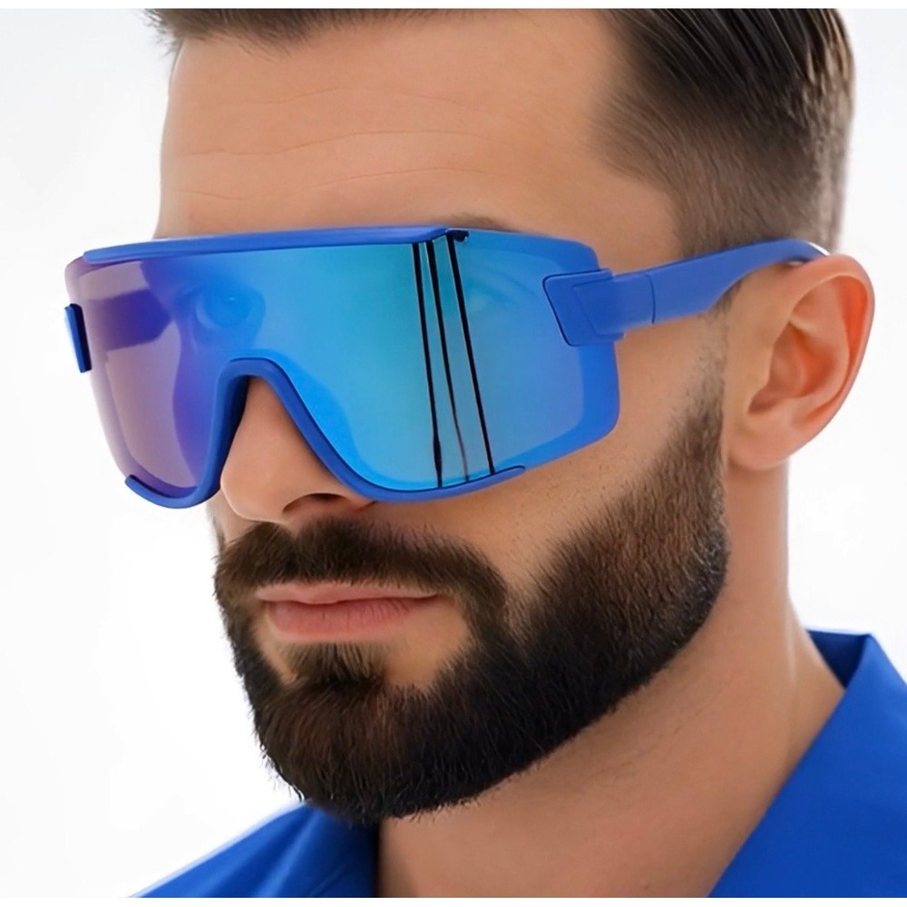 Shield Sunglasses Blue Frame Mirrored Lens Sport Cycling Running Men UV‎ Lentes